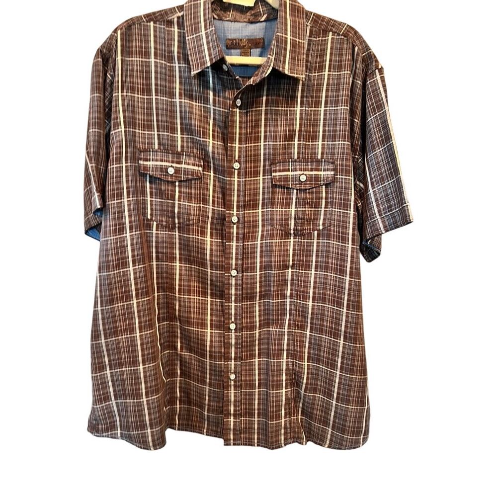 Pronto Uomo Mens XL Brown Blue Plaid Short Sleeve Button Down Shirt Soft EUC